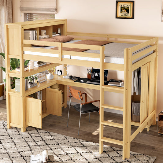 Wood Loft Bed with Cabinet and Bookshelf - Natural - detail view 2