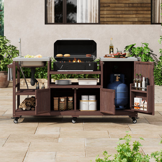 K&k 75.4' Outdoor Kitchen Island with Sink - Brown - detail view 2