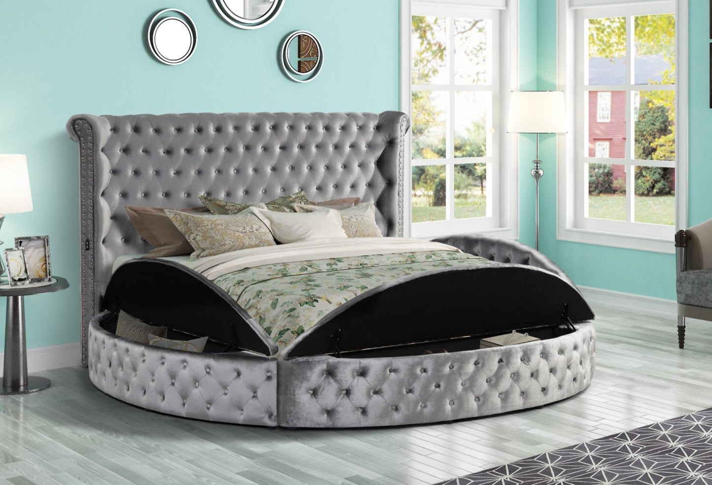 Savoy Round Velvet King Storage Platform Bed – Gray
