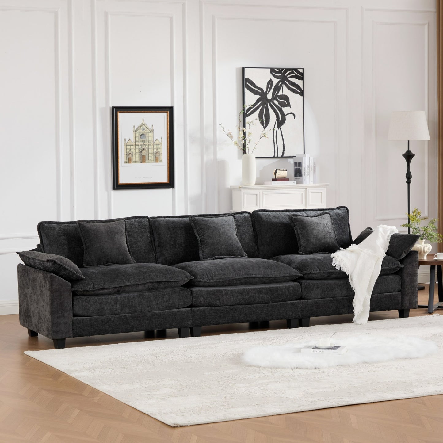 Black Chenille Sofa with Black Legs