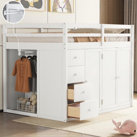 Full Size Wood Loft Bed with Built-in Wardrobes - White - detail view 2