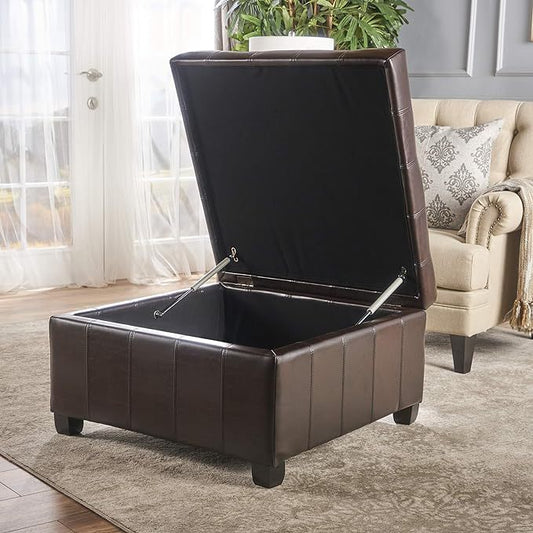 Isabella PU Leather Square Storage Ottoman, Brown