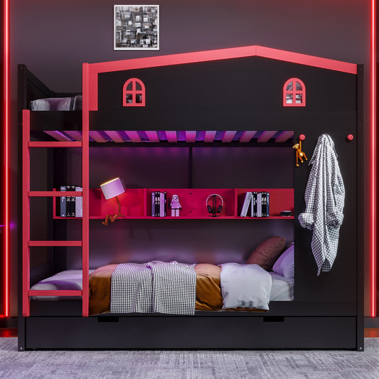Queen over Queen Bunk Bed with Trundle and Storage Shelves - Black,red - detail view 2