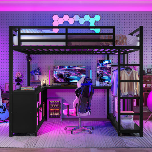 Metal Loft Bed with Wardrobe and L-Shaped Desk - Black - detail view 2