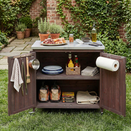 K&k 39.4' Outdoor Kitchen Island with Stainless Table Top - Brown - detail view 2