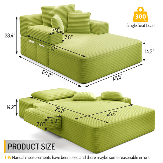 Luxurious Plush Corduroy Chaise Lounge with 3 Pillows - Green - detail view 2
