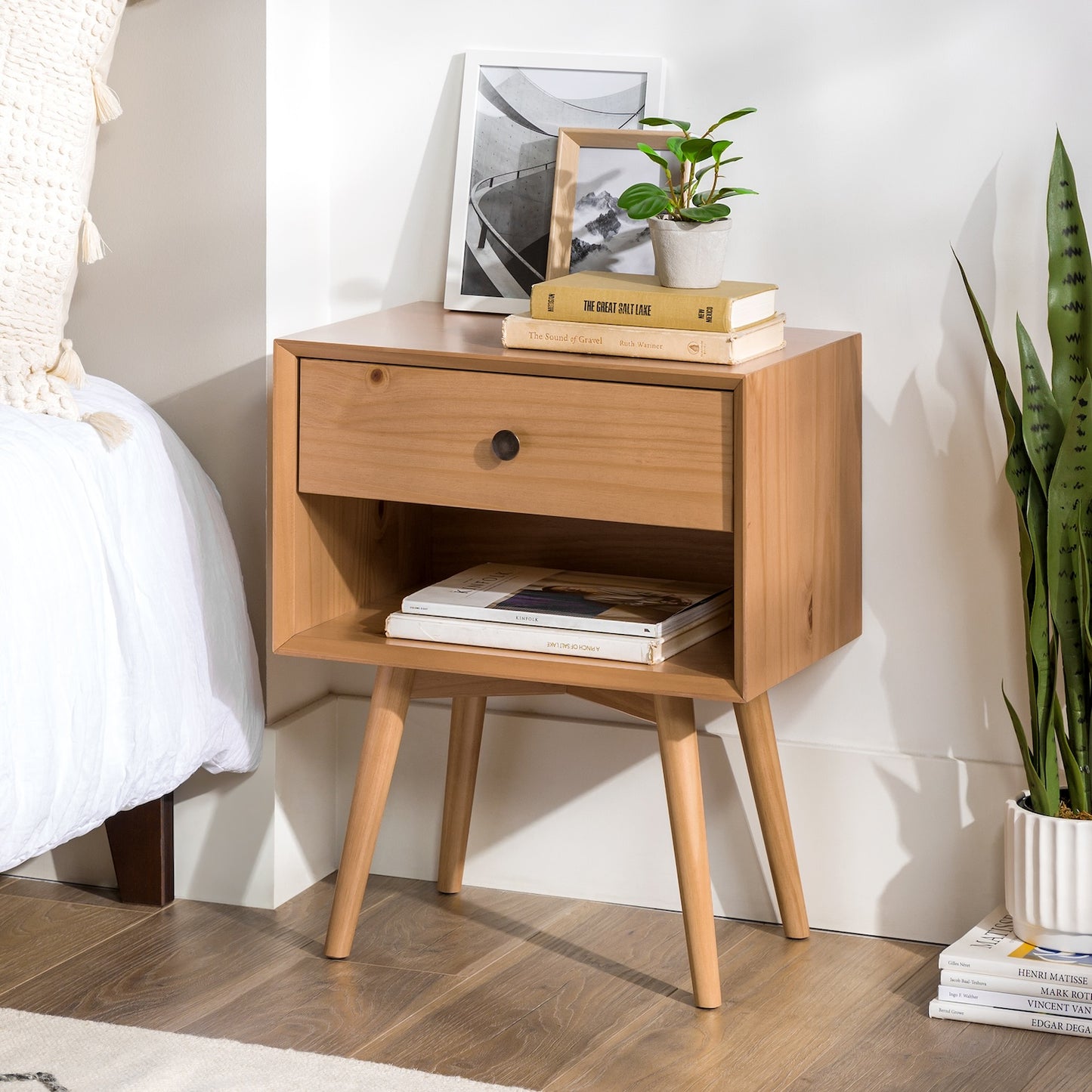 Zenova Mid-Century Modern 1-Drawer Nightstand - Natural Pine