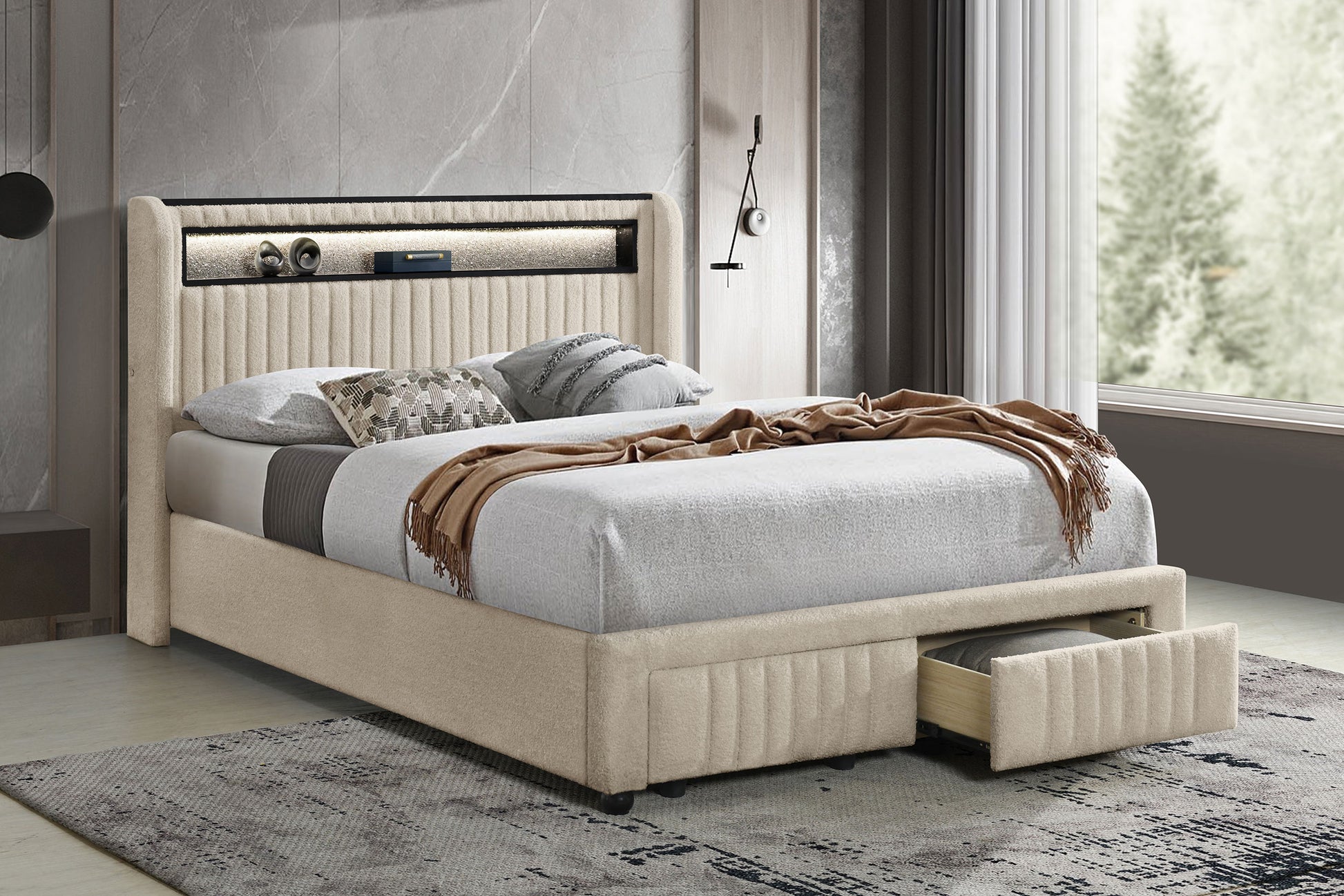 Madison Upholstered LED Full Storage Platform Bed – Cream