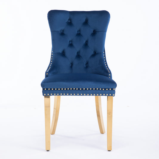 Niki Modern Velvet Side Chair with Nailhead Trim & Gold Leg Set of 2 Blue
