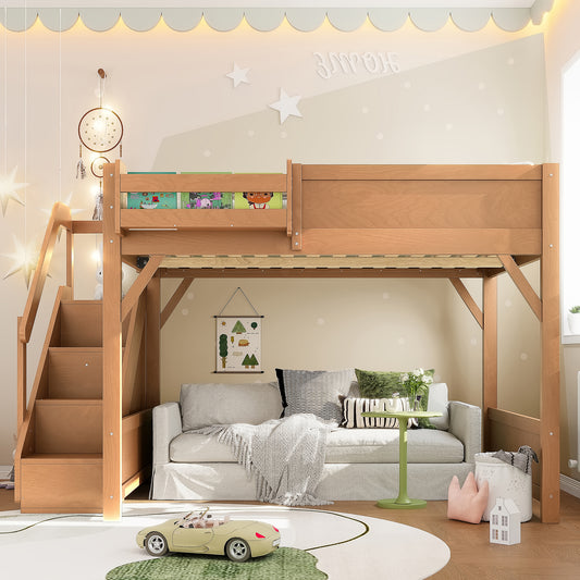 Full Size Loft Bed with Built-in Wardrobe and Storage Space - Antique Natural - detail view 2