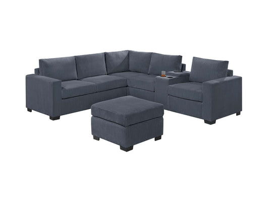 Modern Functional Dark Gray Corduroy Upholstered Sectional Set Living Room One Arm Loveseat Wedge Console Ottoman 4pc Couch Sofa Set - detail view 2