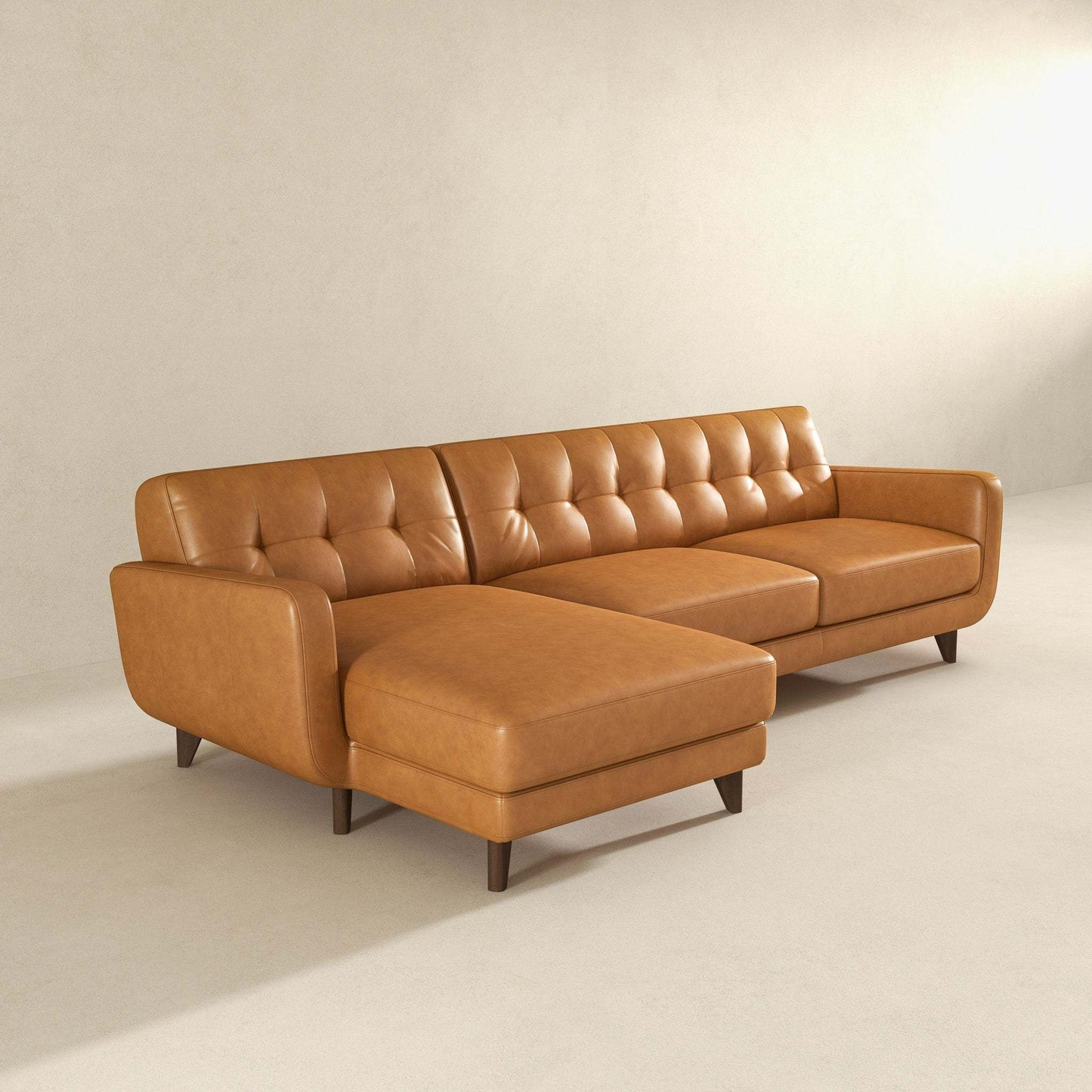 Allison Mid-Century Modern Tan Leather Sectional Sofa with Solid Wood Frame - detail view 8