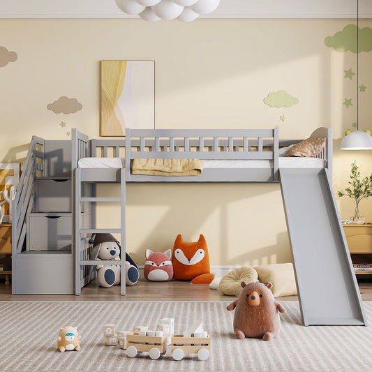Stairway Twin Size Loft Bed with Two Drawers and Slide - Gray - detail view 2