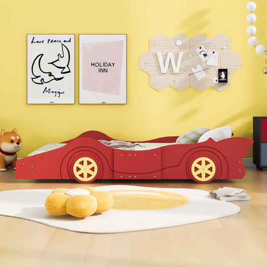Bart Twin Size Race Car-Shaped Platform Bed with Wheels,Red