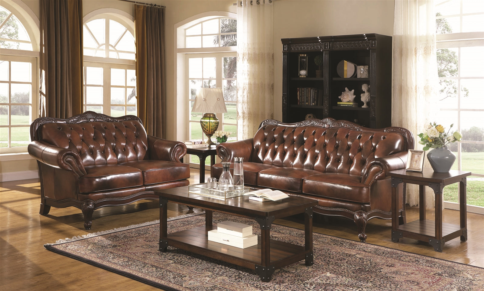 Marlo Traditional Tri-Tone Button Tufted Leather Sofa & Loveseat Set