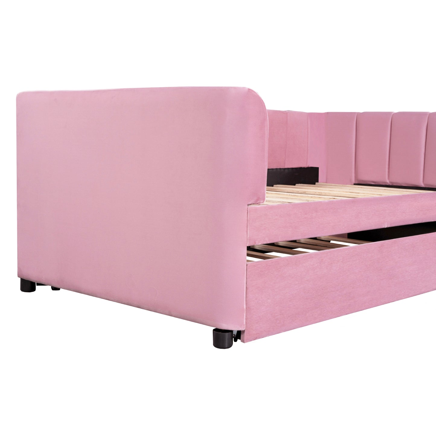 Tindra Twin Size Velvet Daybed with Ergonomic Design Backrest and Trundle, Pink