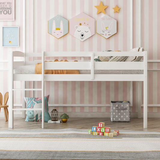 Twin Wood Loft Bed Low Loft Beds with Ladder - White - detail view 2