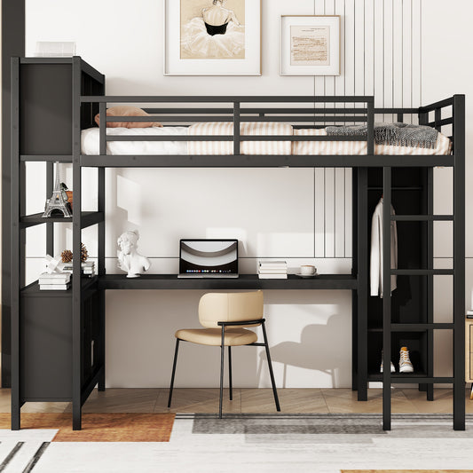 Metal Loft Bed with Wardrobe and L-Shaped Desk - Black - detail view 2