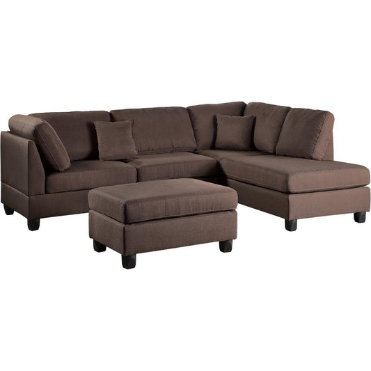 Chocolate Color 3pcs Sectional Living Room Furniture Reversible Chaise Sofa And Ottoman Polyfiber Linen Like Fabric Cushion Couch - detail view 2