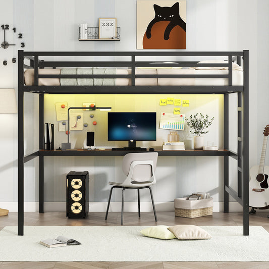 Metal Full Size Loft Bed with Power Outlet and LED Lighted - Black - detail view 2