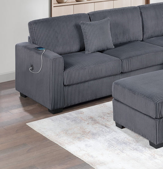 Living Room Corduroy Upholstered Dark Gray 4pc Sectional Set RAF/LAF One-Arm Loveseat W/USB, Corner Wedge, Cocktail Ottoman Cushion Couch - detail view 2