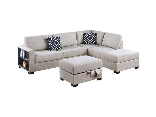 3-Piece Reversible Sectional w Storage Ottoman Functional Storage Sofa w Shelf Reversible Chaise Beige Color Living Room Furniture - detail view 2