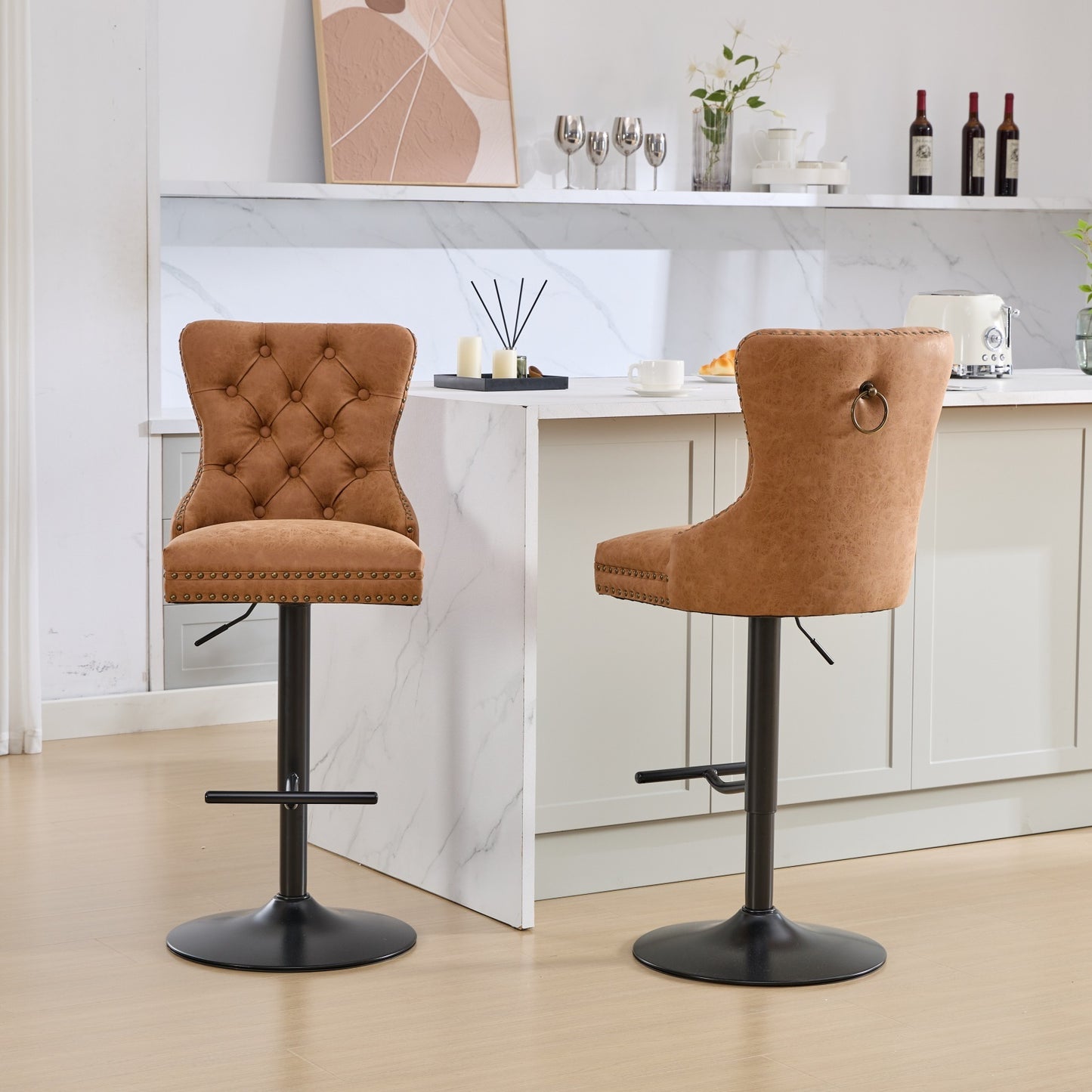 Lenora PU Leather Adjustable Bar Stools with Black Legs Set of 2 Orange