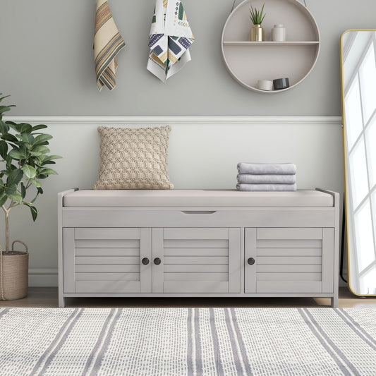 Drea Storage Bench with 3 Shutter-shaped Doors, Shoe Bench with Removable Cushion and Hidden Storage Space, Gray Wash