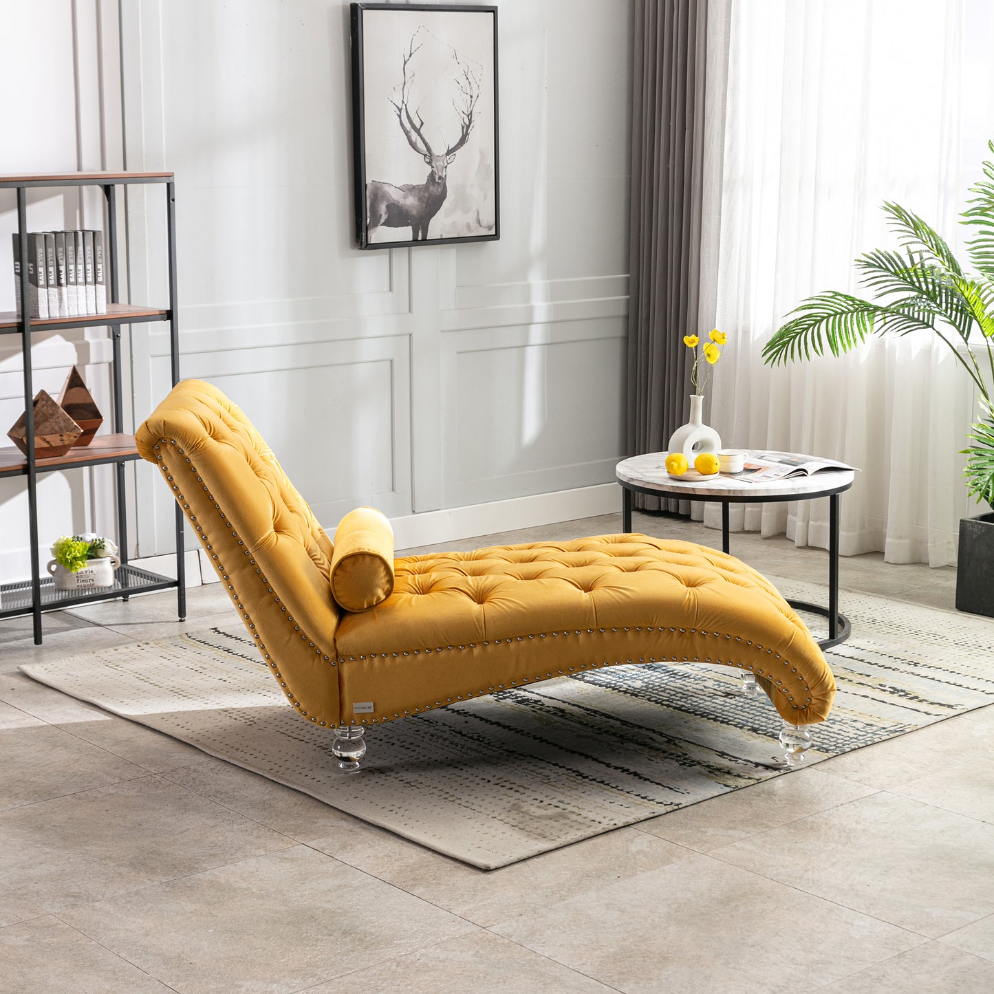 Mustard Velvet Tufted Chaise Lounge with Wood Legs - detail view 8