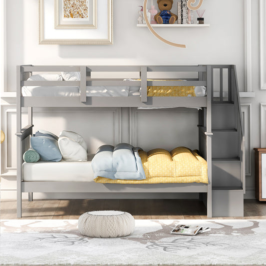 Stairway Full-over-Full Bunk Bed with Storage and Guard Rail - Gray - detail view 2