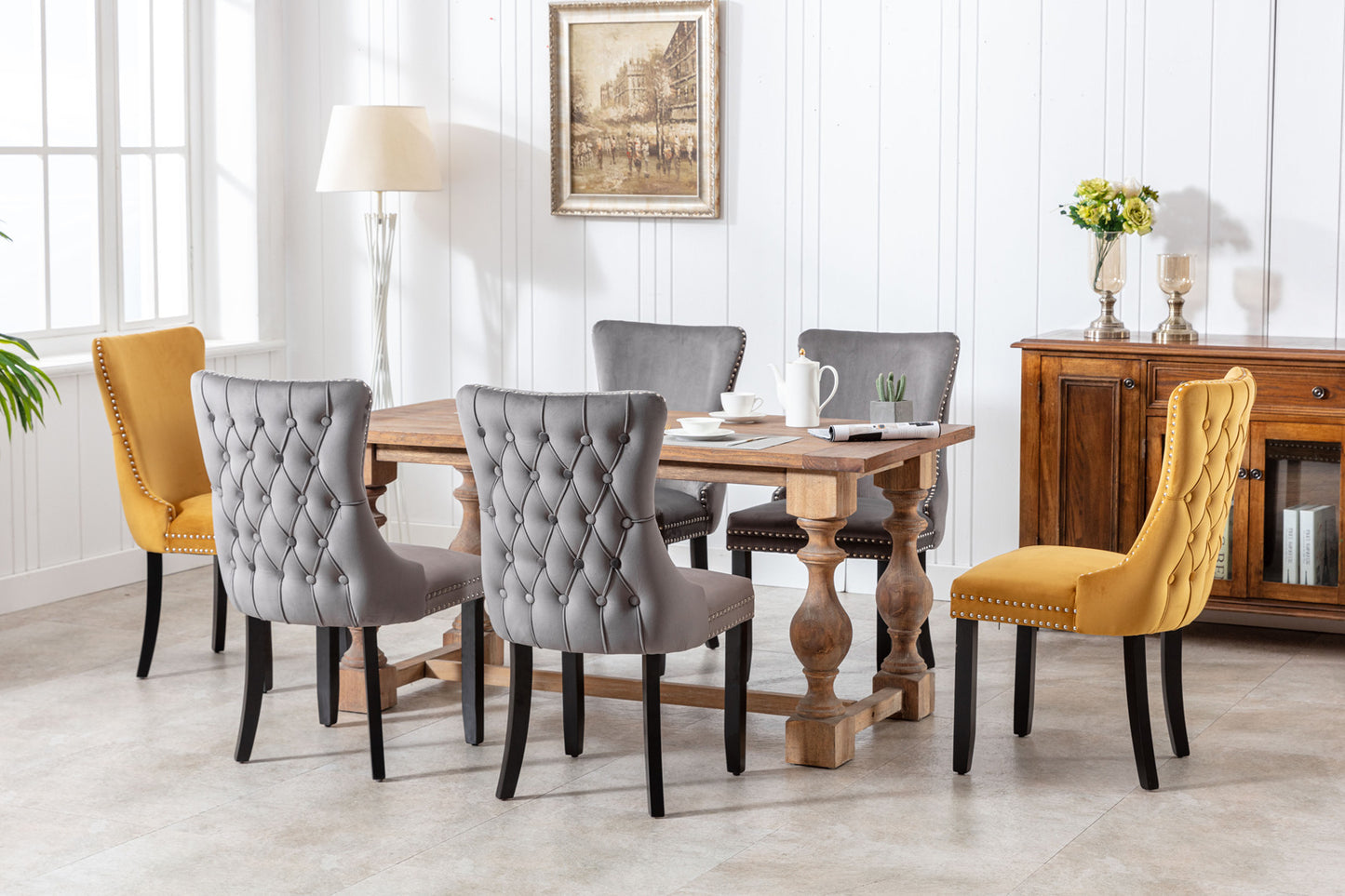 Honoria Velvet Wingback Side Chairs with Button Tufted Back, Gray