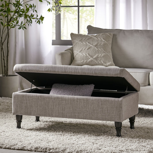 Hyatt Upholstered Storage Ottoman with Turned Legs, Gray