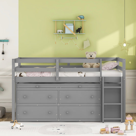 Twin Size Loft Bed with Retractable Writing Desk and 4 Drawers - Gray - detail view 2