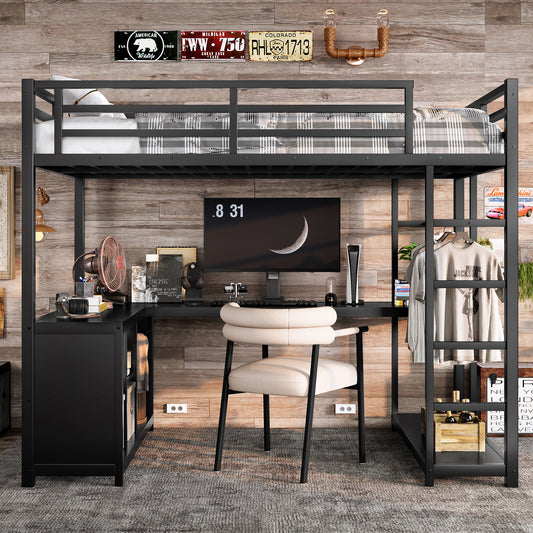 Metal Loft Bed with Wardrobe and L-Shaped Desk - Black - detail view 2
