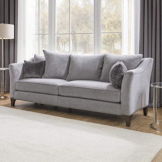 Goshen Transitional Sofa & Loveseat Set in Light Gray Bouclé with Nailhead Trim