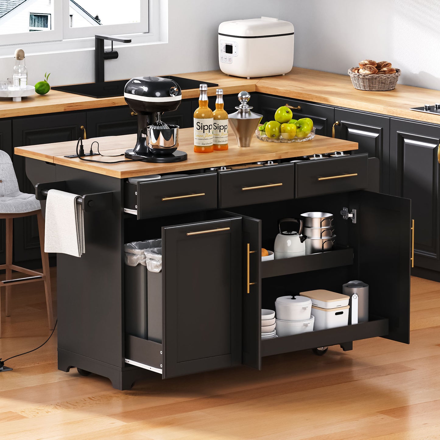 K&k 59.3' Kitchen Island with Storage 2 Pull Out Cabinet Organizers & Rubber Wood Drop Leaf - Black - primary color shot