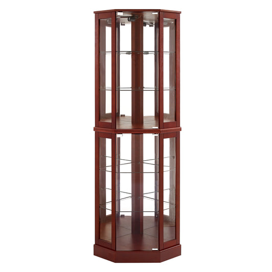 Camille 6-Shelf Lighted Corner Curio Display Cabinet with Mirrored Back, Cherry Finish