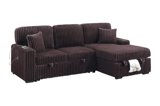 Modern Style 2pc Convertible Sectional Pull Out Sofa Fold Down Table Cup Holder USB Port Storage Chaise Matching Pillow Coffee Finish Primary - detail view 2