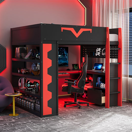 Full Size Gaming Loft Bed with Integrated Desk & RGB LED Lights - Red - detail view 2