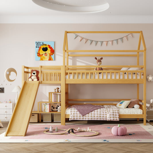 Twin House-Shaped Bunk Bed with Slide - Natural - detail view 2