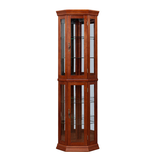 Edith Traditional Corner Curio Cabinet with Mirrored Back, Walnut