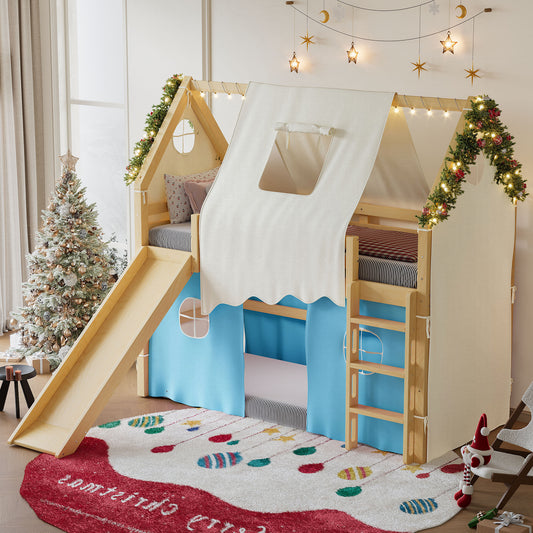 Twin Size House Loft Bed with Sills and Tents - Light Blue+natural - detail view 2