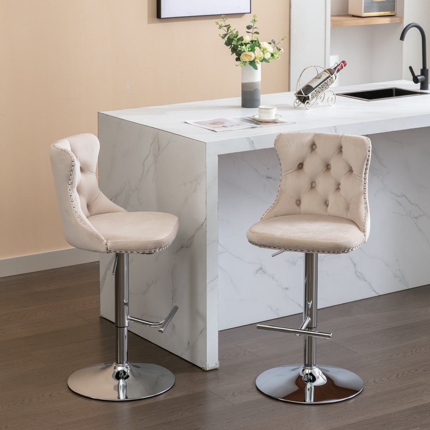 Prudence Velvet Adjustable Height Bar Stools Set of 2 Beige