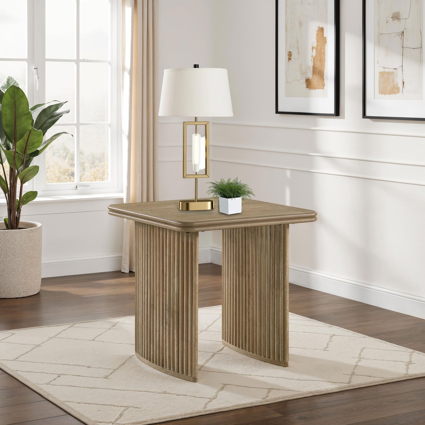 Adina Square End Table with Reeded Pedestal Base – Distressed Light Brown