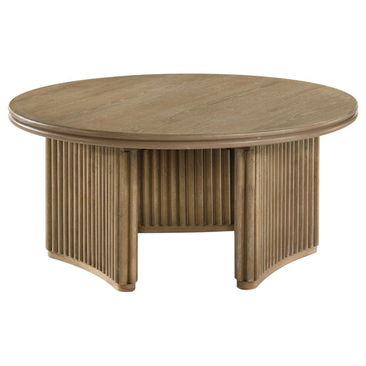 Adina Round Coffee Table with Reeded Pedestal Base – Distressed Light Brown