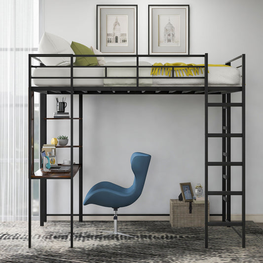Full Size Metal Loft Bed with 2 Shelves and One Desk - Black - detail view 2