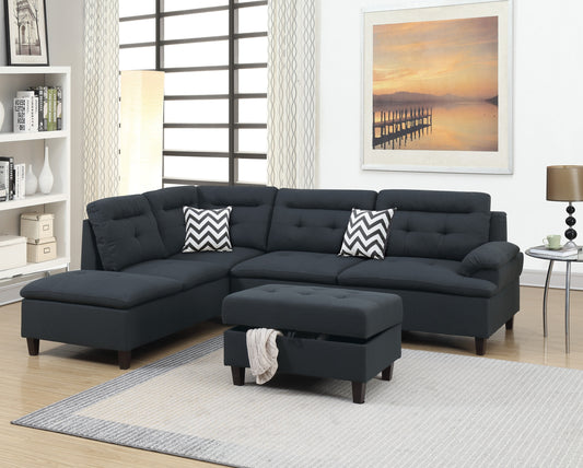 Living Room Furniture Black Cushion Sectional w Ottoman Linen Like Fabric Sofa Chaise - detail view 2