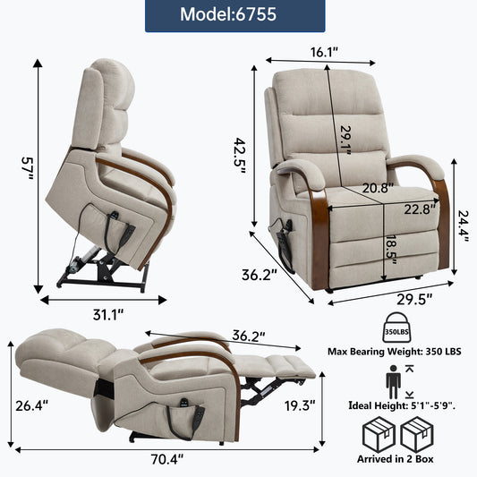 Power Beige Chenille Lift Recliner Chair Dual Motor Infinite Position Up to 350 LBS with Solid Wood Armrests - detail view 2