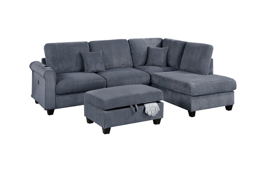 Contemporary Dark Gray 3pc Sectional Set Corduroy Upholstered LAF Sofa RAF Chaise Ottoman L-Sectional Living Room Furniture - detail view 2