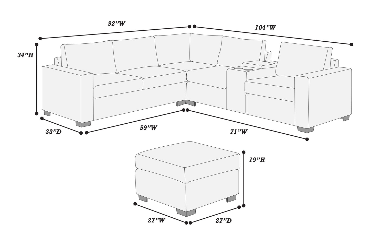 Modern Functional Light Gray Corduroy Upholstered Sectional Set Living Room One Arm Loveseat Wedge Console Ottoman 4pc Couch Sofa Set - detail view 8